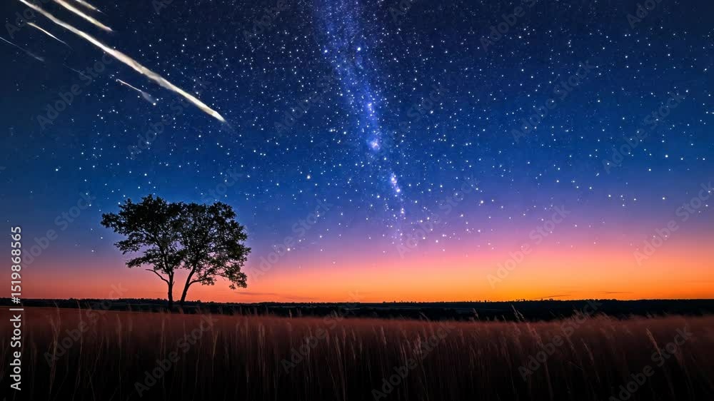 Night sky over a solitary tree and field
