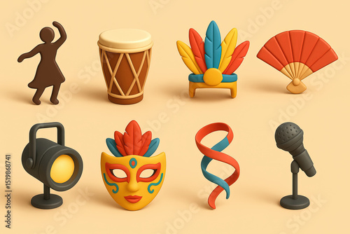 Cultural Dance Icon Set. 3D icon set of cultural dance groups and performances: dancer silhouette, tribal drum, headdress, fan