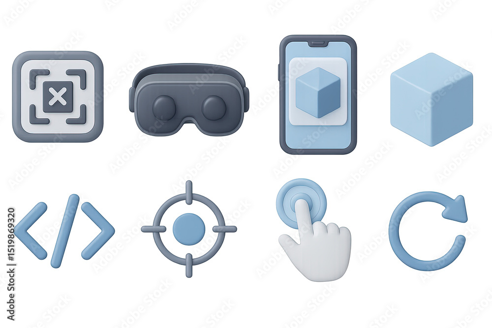 Fototapeta premium AR_VR Coding Icons. 3D icons set of AR/VR mobile coding: AR marker, VR headset, smartphone overlay, 3D cube, code brackets,