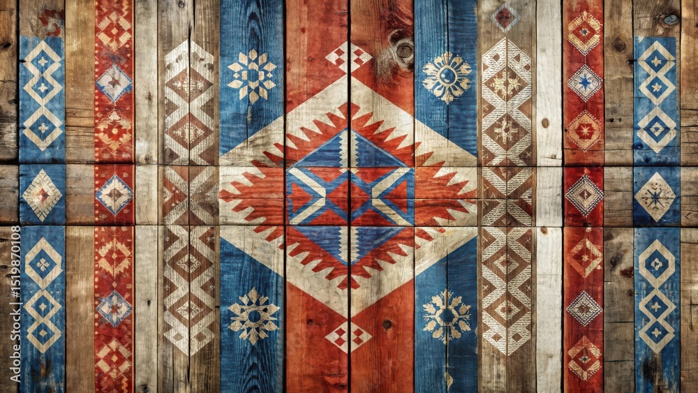 Rustic Wooden Paneling with Vibrant Geometric Ethnic Patterns and Folk Art Designs Rustic Wooden Paneling with Vibrant Geometric Ethnic Patterns and Folk Art Designs