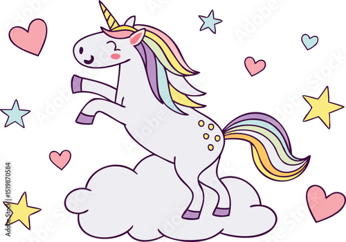 Whimsical vector of a unicorn prancing on a cloud surrounded by stars and hearts in pastel colors, perfect for fairy tale designs, children’s art, and magical merchandise