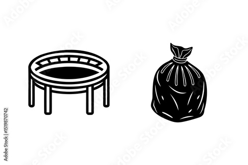 Black and white illustration featuring a trampoline next to a tied up garbage bag.