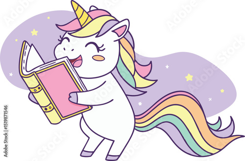 Adorable cartoon vector of a unicorn reading a book with a rainbow mane and magical sparkles, ideal for children’s stories, learning posters, and fantasy-themed illustrations