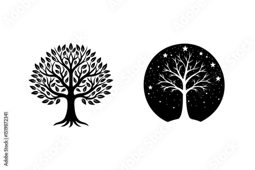 Two stylized black and white tree illustrations symbolizing day and night concepts