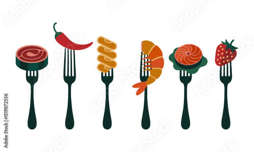 Vector illustration featuring black forks evenly spaced horizontally across a white background, each fork should hold a stylized food item in a flat, easily editable and scalable.