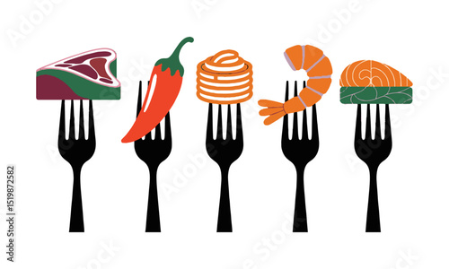 Vector illustration featuring black forks evenly spaced horizontally across a white background, each fork should hold a stylized food item in a flat, easily editable and scalable.