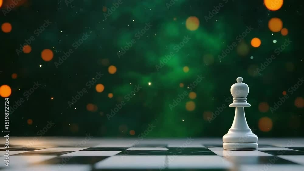 White chess piece on checkered board with bokeh background