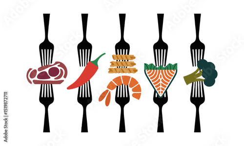 Vector illustration featuring black forks evenly spaced horizontally across a white background, each fork should hold a stylized food item in a flat, easily editable and scalable.