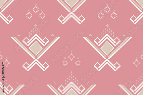 Ethnic pattern of pink and beige cream of abstract geometric shape. Seamless pattern in pastel. Concept of minimal, soft, pixel art, diamond, motifs, ornate for wrap, fabric print, texture, embroidery