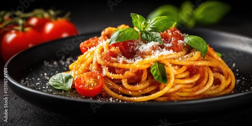 A High Resolution image of delicious spaghetti with tomato sauce on black plate. Garnished with fresh basil leaves, parmesan cheese, tomatoes. Italian pasta dish at luxury restaurant.