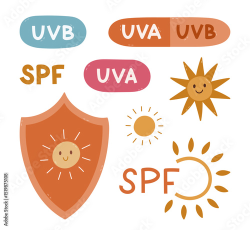 Lovely cartoon set with SPF protection symbols. Childish hand drawn clipart with shield with sun, bubbles with UVA and UVB signs for sunblock, sunscreen product isolated on background.