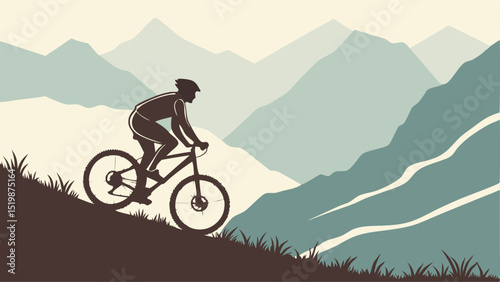 Mountain biking adventure illustration: cyclist riding bike on mountain trail scenic landscape vector art
