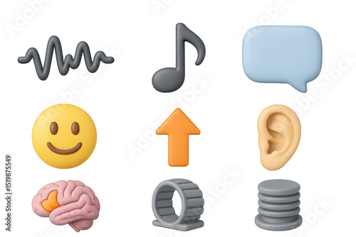 Prosody Icon Set. 3D icons set of prosody and intonation processing: waveform pitch, musical note, speech bubble, emotional face,