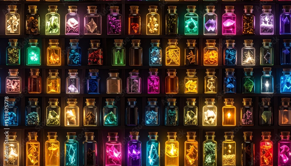 Fototapeta premium Enchanting array of glowing potions, seamless pattern of magical vials