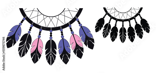 A colorful vector illustration showcasing two decorative dreamcatchers with stylized feathers and intricate detailing on a white background.