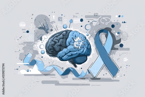 Abstract brain illustration with blue ribbon on grey background  