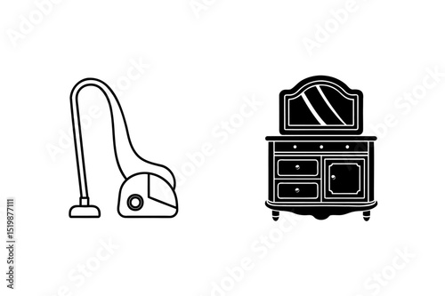 Black and white line art of vacuum cleaner and antique dresser with mirror