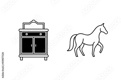 Simple black and white illustration of a classic dresser and a graceful horse