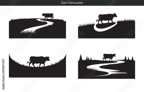 Elegant silhouette illustrations of cows grazing in diverse natural landscapes and settings