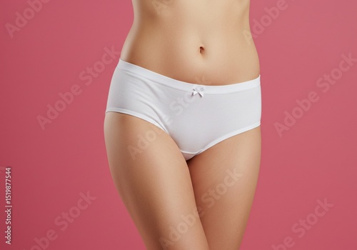 Torso of a slender woman posing in white panties against a plain pink background