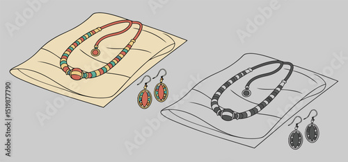 Artistic illustration showcasing colorful beaded necklace and matching earrings alongside a black and white variant.