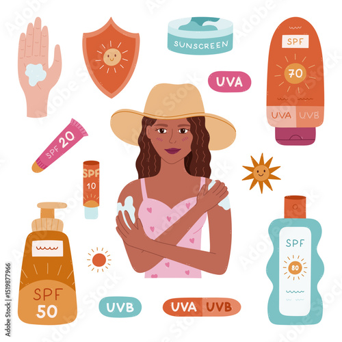 Lovely cartoon set about sun protection. Hand drawn young lady applying sunblock, lotion, cream and spray with SPF, lipstick. Trendy clipart collection for prevention sunburn isolated on white.