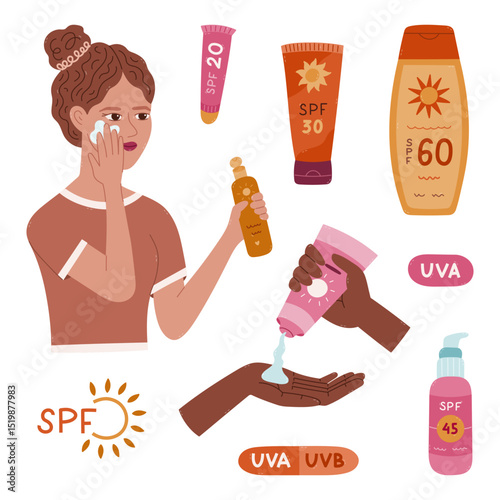 Lovely cartoon set with girl using sunscreen spray, different tubes and jars with SPF. Childish hand drawn clipart collection about defense from dangerous ultraviolet sun rays isolated on background.