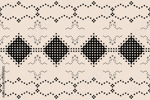 Seamless pattern modern of black pixel in floral shape on soft brown background. Simple flower pattern. Concept of abstract geometric, wave, classic, native for fabric print, embroidery, decor, carpet