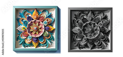 Artistic three-dimensional paper quilling mandala art in a framed shadow box design featuring vibrant colors
