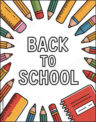 Back to school with educational equipment coloring page for kids