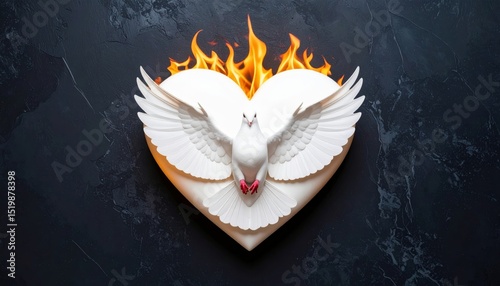 Dove of peace with Holy Spirit flame heart on a dark stone background