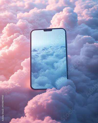 Smartphone Reflecting Sky and Clouds Amidst Dreamlike Atmosphere