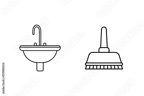 Simple outlined icons depicting a bathroom sink and a plunger for cleaning purposes