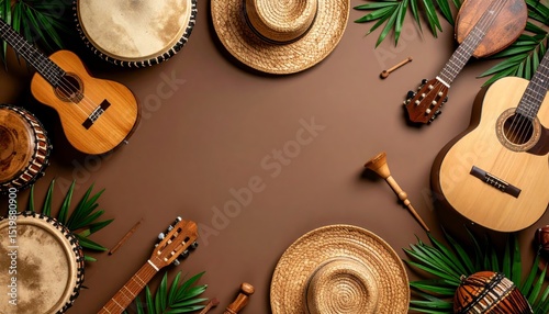 Abstract flat lay of musical instruments with a rustic folk theme for music concepts and cultural celebration background with copy space