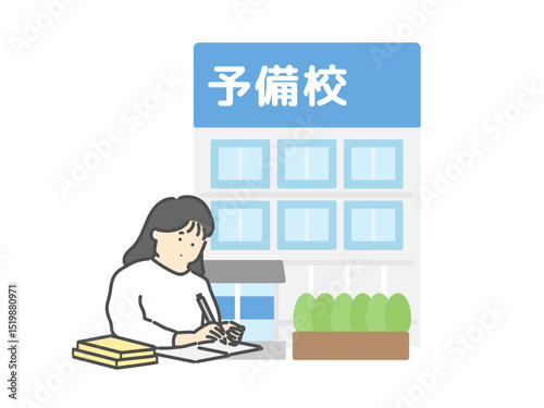 勉強する女性  予備校   建物  イラスト