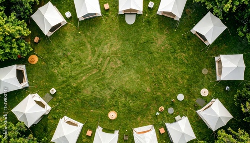 Aerial View of a Glamping Site with Tents Arranged in a Circle