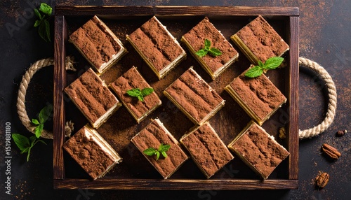 Elegant tiramisu flat-lay arrangement on rustic wooden tray creates a delicious, visually appealing dessert display