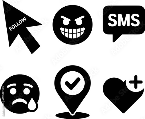 Black emojis icons set follow sms location heart