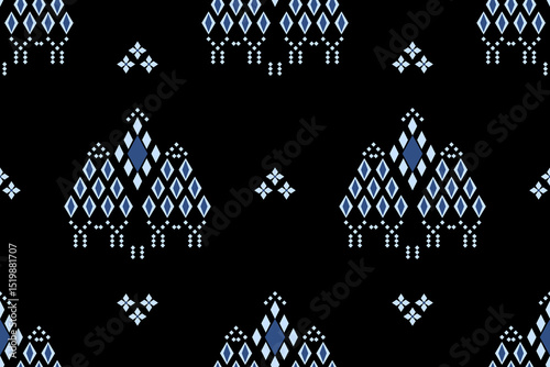 Ethnic pattern of abstract geometric blue diamond shape on black background. Simple flower seamless. Concept of dark, classic, bouquet, luxury, elegant motifs for wrapping, textile, embroidery, print.