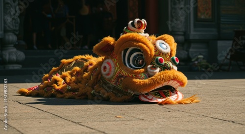 Lion dance costume rests on temple ground