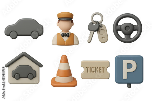 Valet Parking Icons. 3D icon set of valet parking service: car silhouette, valet attendant, keychain, steering wheel, garage icon,