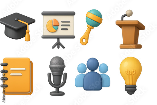 Icons_ Workshops and Parenting. 3D vector icons set of professional development and parenting workshops: graduation cap,