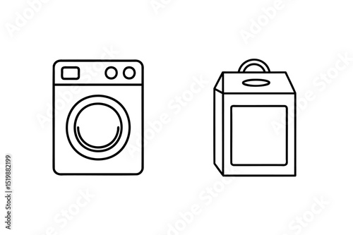 Black and white outlined washing machine and laundry detergent box illustration