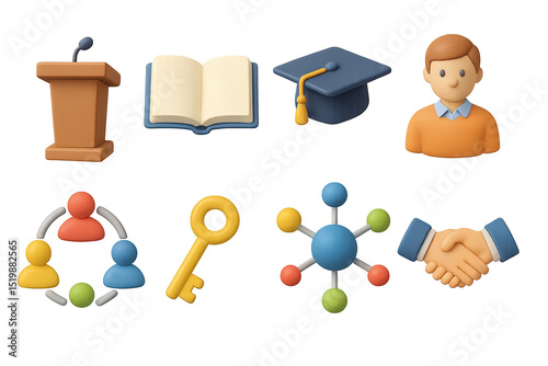 Leadership Seminar Icons. 3D icons set of leadership development seminar: podium, open book, graduation cap, mentor figure, group