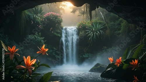 Serene waterfall scene lush tropical forest landscape with orange flowers and natural light