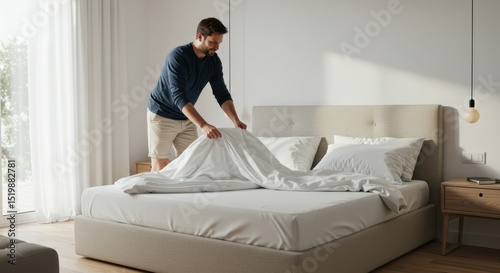 Man making bed in modern bedroom. Sunlight streams in