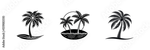 Tropical paradise beach with palm tree vector illustration at sunset silhouette design set