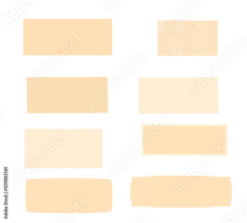 Set of beige and cream adhesive tape strips. Beige tape, cream tape, adhesive strips. Various shapes and sizes. Beige and cream tones, adhesive tape collection.