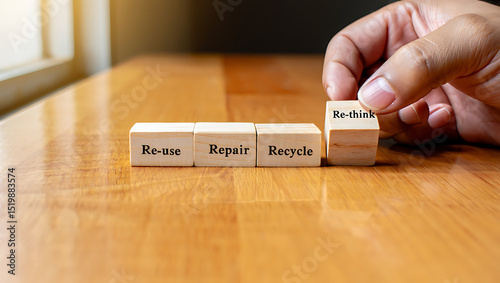 Wooden blocks with words on recycling and sustainability representing environmental responsibility