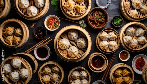 Elegant Flat-Lay of Dumplings in Bamboo Steamers, A Culinary Delight